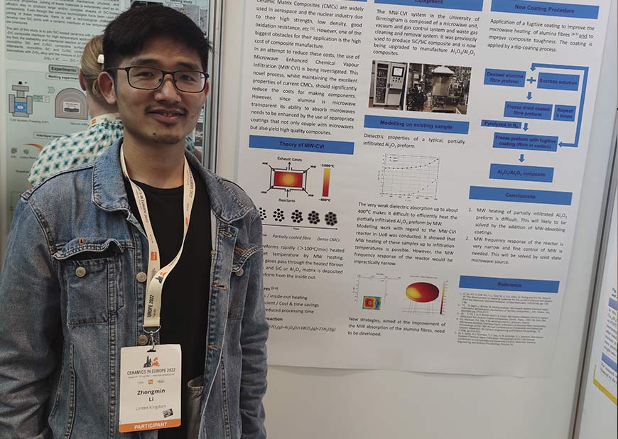 Dr Zhongmin Li poses next to the CEM-WAVE joint poster. Source: Ceramics in Europe 2022